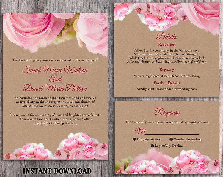 زفاف - DIY Rustic Wedding Invitation Template Set Editable Word File Download Printable Pink Invitation Boho Wedding Invitation Peonies Invitation