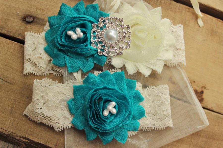 Wedding - Teal Garder Set -  Teal Wedding Garter Teal and Ivory Garter Flowers Wedding Garder Plus size garter turquoise blue garter turqoise garter