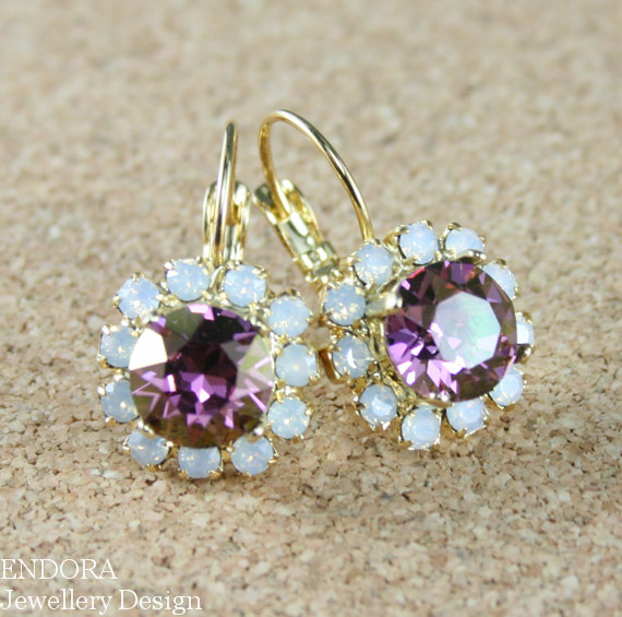 زفاف - Purple earrings,Purple crystal earring,Gold leverback earring,Purple jewelry,Purple wedding,Purple bridesmaid earring,Radiant orchid jewelry
