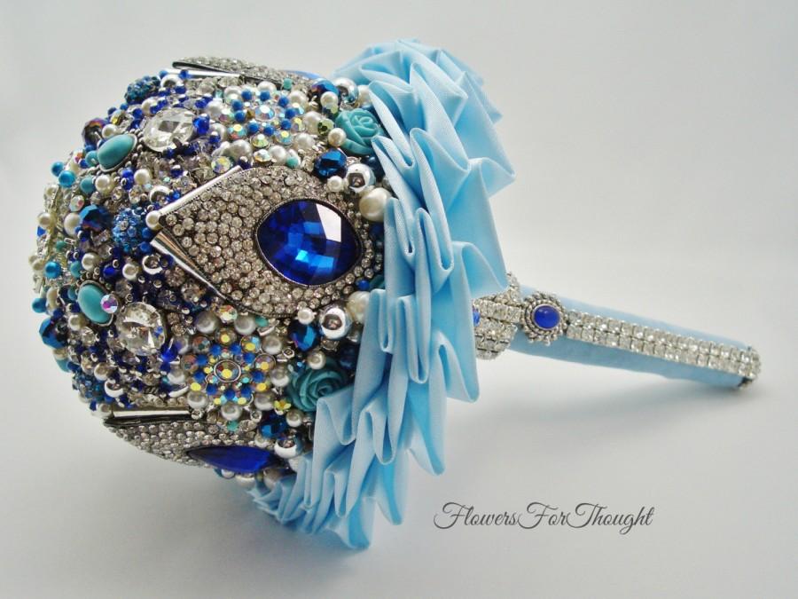 Hochzeit - Blue Brooch Bouquet, Freshwater Pearls, Turquoise Jewels, Crystal Keepsake, Bling Hindu Wedding, Jeweled Posy, FFT original design