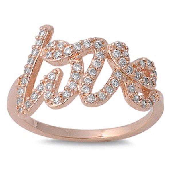 زفاف - Love Ring Beautiful 14K Rose Pink gold 925 Sterling Silver Clear White topaz CZ Script Love Ring Promise Ring Valentines Love Gift