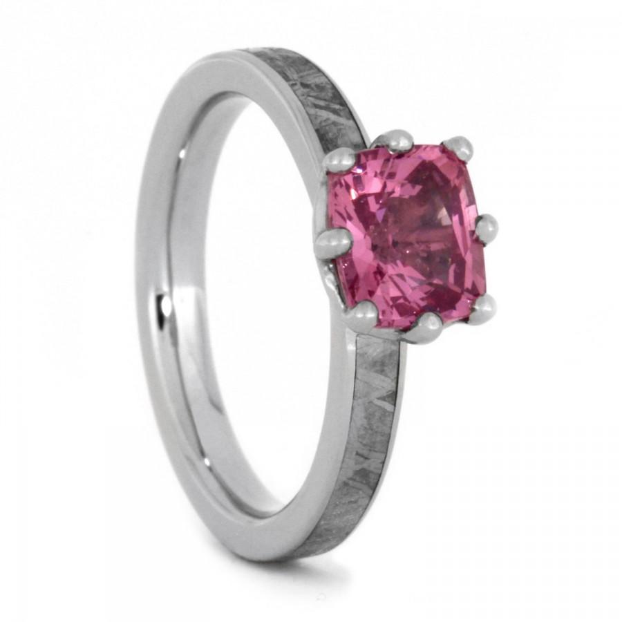 Wedding - Pink Gemstone Ring with Gibeon Meteorite in 10k White Gold, Custom Engagement Ring