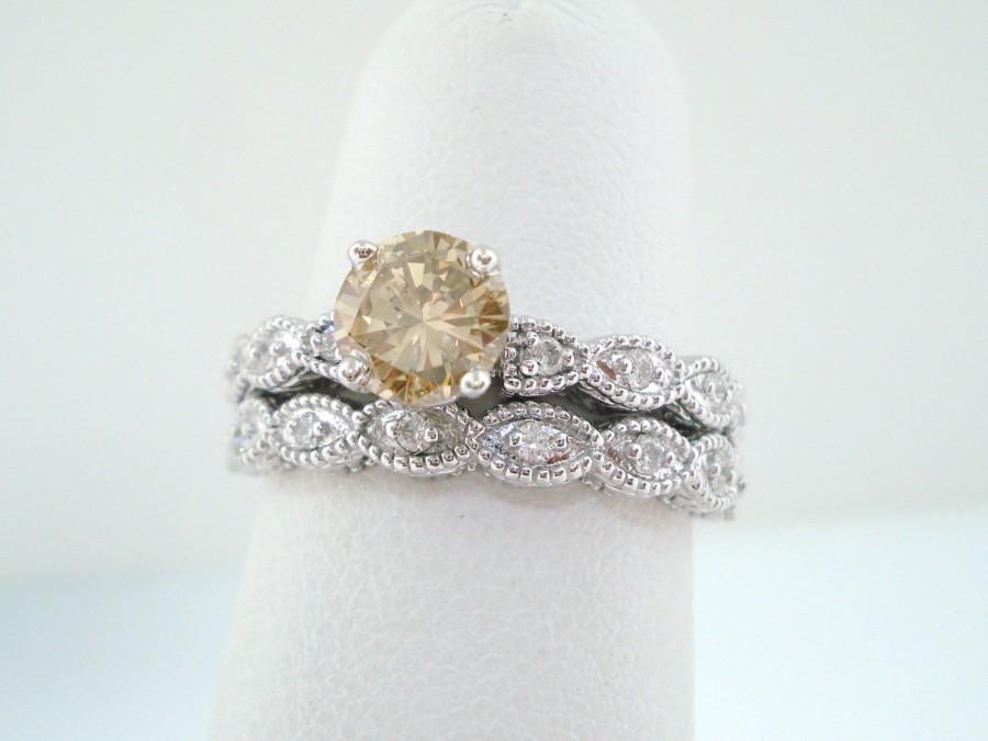Hochzeit - Platinum Natural Champagne & White Diamond Engagement Ring Wedding Band Sets 0.81 Carat Handmade Bridal Sets