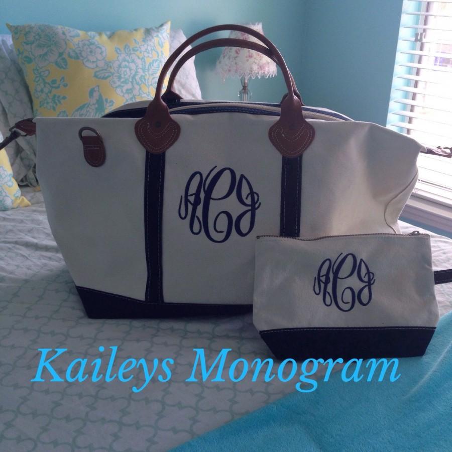 Wedding - Monogram Tote Bag + Monogram Make up Bag. Cosmetic Bag. Monogram Decal. Bridesmaid Gift. Canvas Tote. Monogram Overnight Bag. Gift Set.