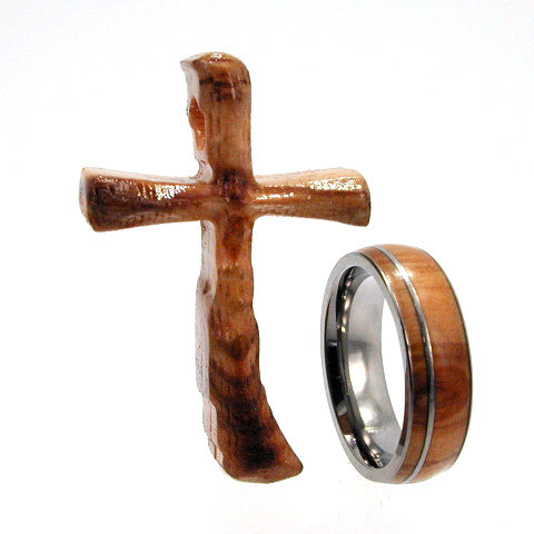 زفاف - Olive Wood Ring and an Olive Wood Cross, Ring Armor Included
