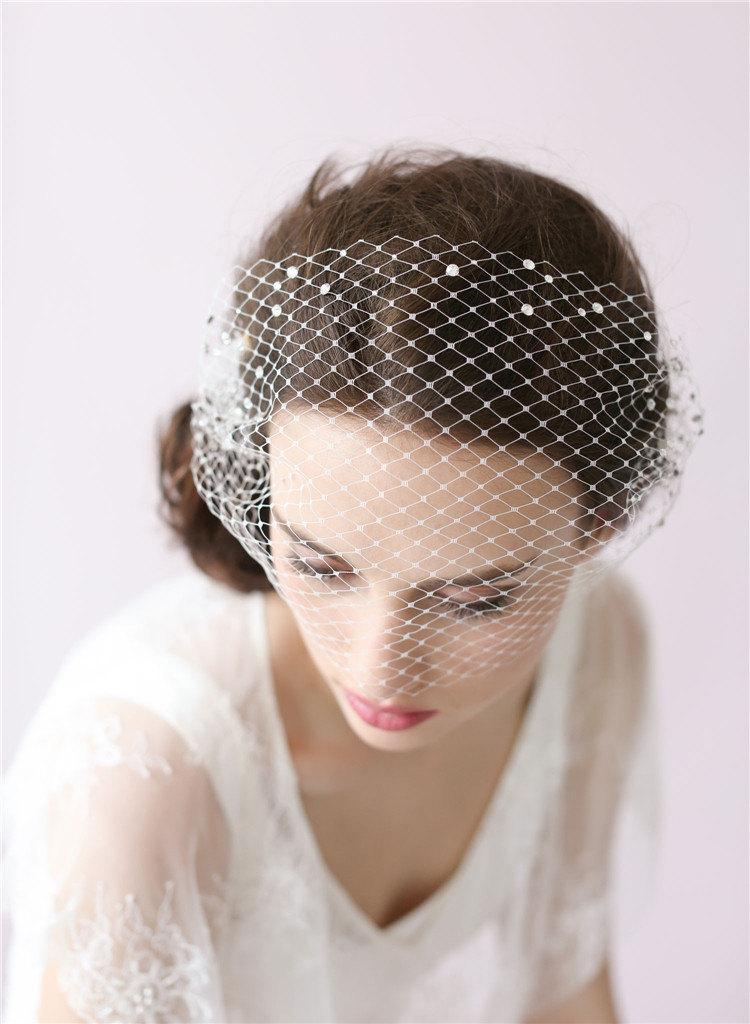 Hochzeit - Wedding veil blusher Ivory, white, black, bandeau birdcage Crystals pearls. Vintage style 1920's 1940's Russian net Bride veil, wedding hair