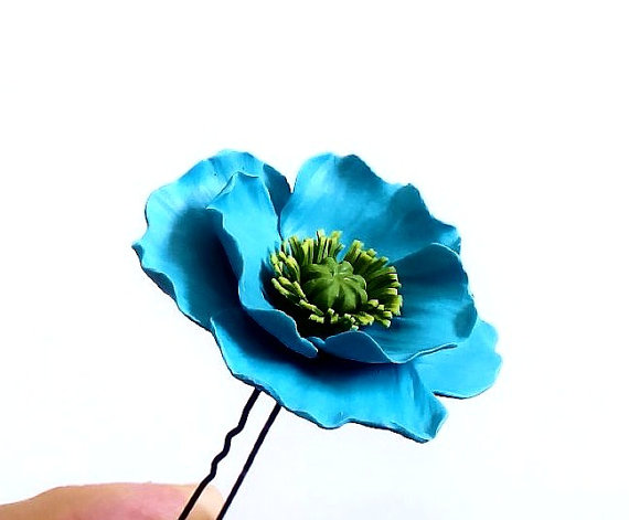 Mariage - Blue Poppy hair pin - Red Poppy Hair Flowers, Poppies for Hair Wedding Hair Accessory pin, White Bridal hair pins