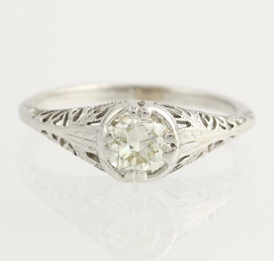 Hochzeit - Art Deco Engagement Ring Diamond - 14k White Gold Euro Solitaire Genuine .60ctw Unique Engagement Ring L4012
