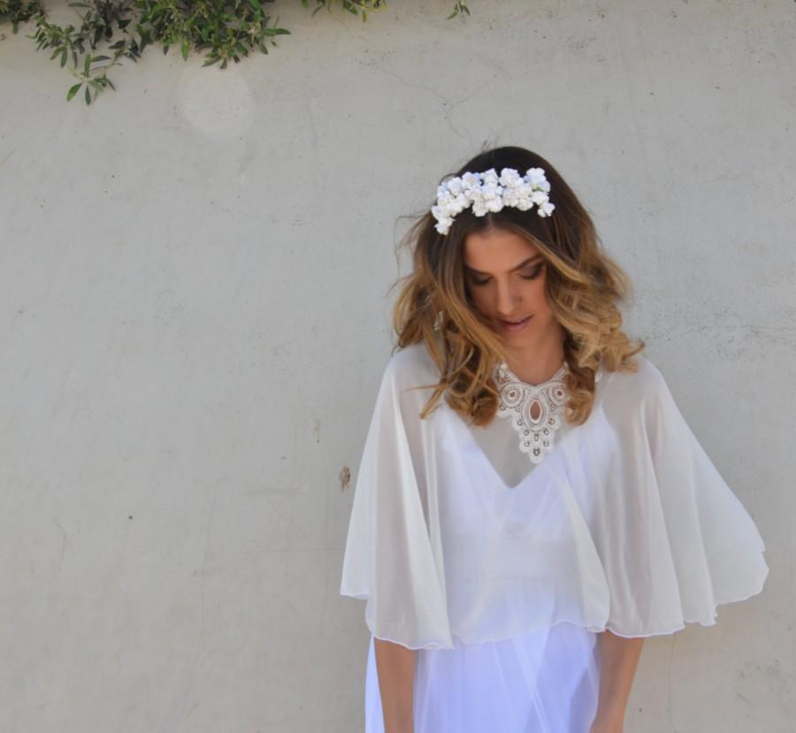 زفاف - Bridal Chiffon cape, bride shawl with embroidery, lace shrug chic Capelet wedding cover