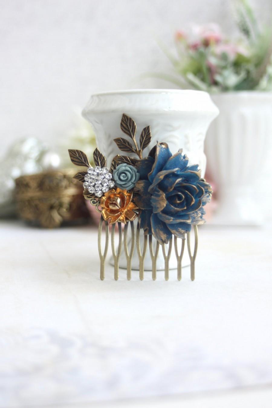 Wedding - Blue Wedding Comb Navy Blue Gold Flower Comb Antiqued Dusty Blue Fall Rustic Blue Gold Wedding Something Blue Wedding Vintage Gold Wedding