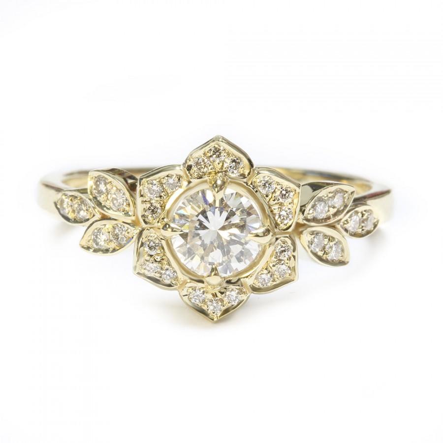 زفاف - Delicate Lily Ring, Art Deco Flower Ring, Rose Gold Engagement Ring, Vintage Rings, 0.5 CT Diamond Ring, Unique Leaf Ring