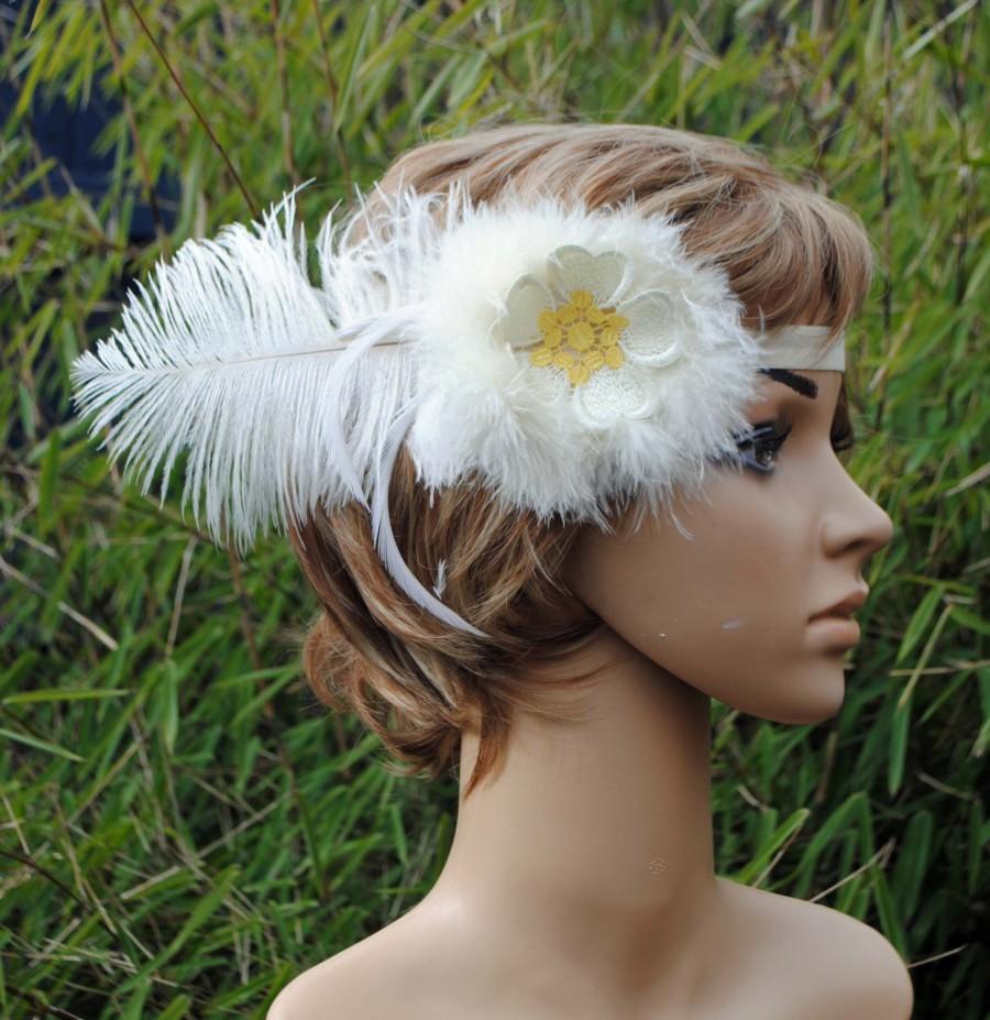 زفاف - Boho Twenties Style headband Ivory Lace and Guipure Lace Daisy Flowers Gatsby Party Headband or Vintage Wedding