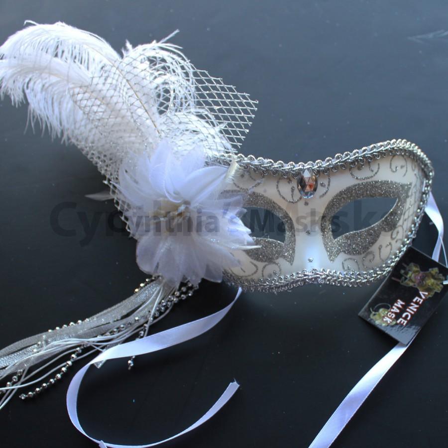 Hochzeit - White pvc Venetian Ostrich Feather Mask for wedding dancing Masquerade 4B6B SKU: 6F51