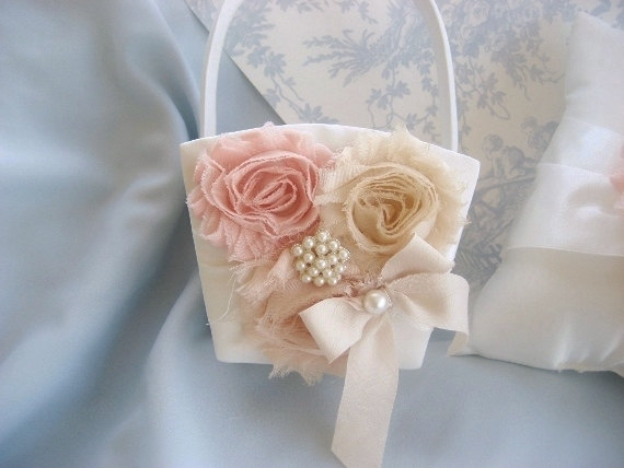 Свадьба - Flower Girl Basket  Peach Rose Blossom Shabby Chic