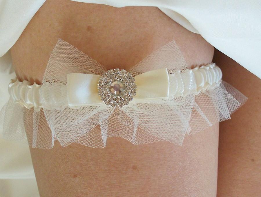 Свадьба - Wedding Garter SET in Ivory Tulle with Double Bow and Swarovski Crystal Centering -The MALLORY Garter