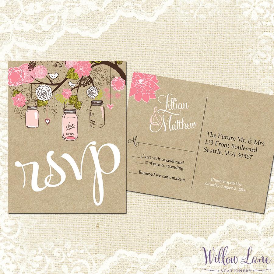 Свадьба - RSVP Postcard - Mason Jar rsvp Card - Mason Jar Reply Card - Vintage Mason Jar Wedding - Green Pink Mason Jar Barn Wedding  -3029 PRINTABLE