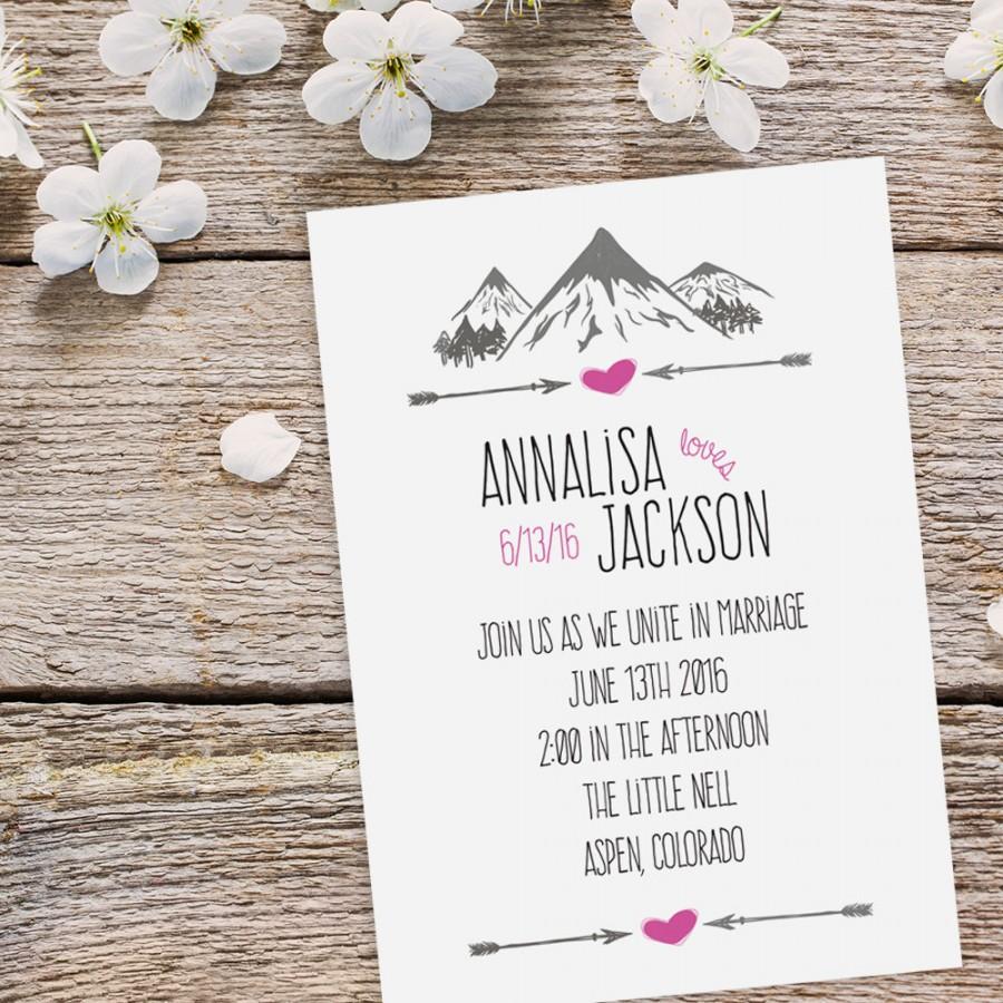 Hochzeit - Mountain wedding invitation suite features hip and rustic arrow and heart illustrations / SAMPLE invitation