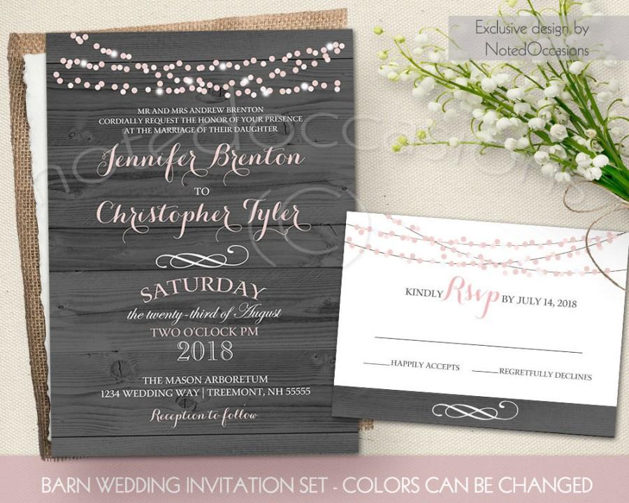 Свадьба - Rustic Wedding Invitation printable - String lights Barn wedding Invitation, Country Wedding blush pink spring wedding Calligraphy Template