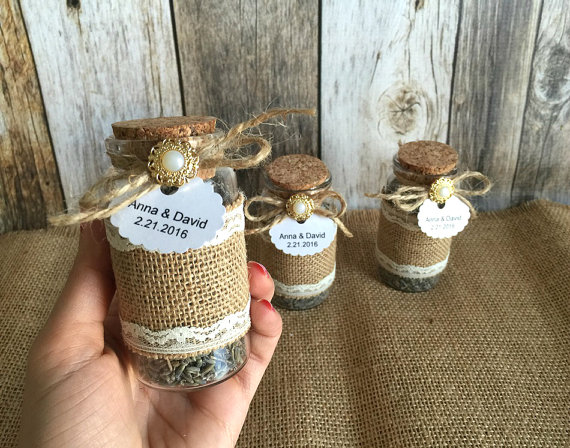 Свадьба - Rustic Wedding favors - lavender filled burlap and lace glass bottles - bridal shower favors with personalized tags.