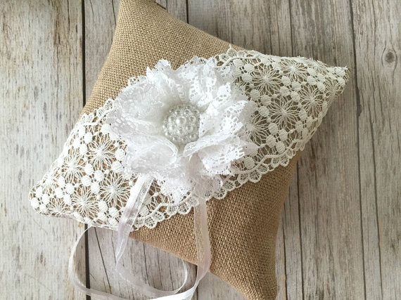 Wedding - rustic white lace and burlap ring bearer pillow handmade flower pearl button.
