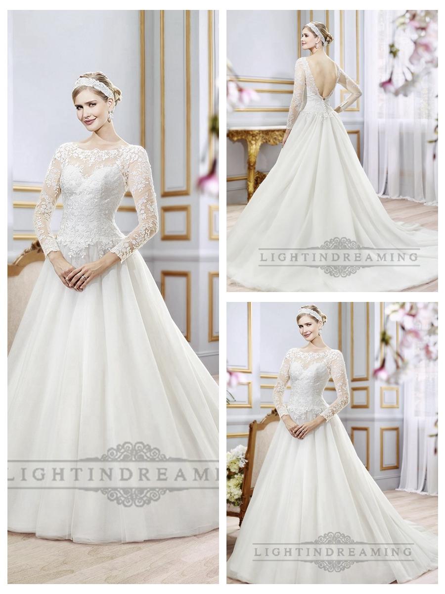 Wedding - Illusion Lace Long Sleeves Bateau Neckline Ball Gown Wedding Dress with Deep V-back