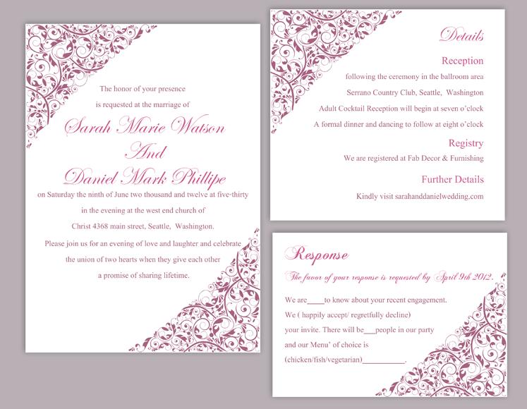 Hochzeit - Printable Wedding Invitation Suite Printable Invitation Eggplant Wedding Invitation Floral Invitation Download Invitation Edited jpeg file