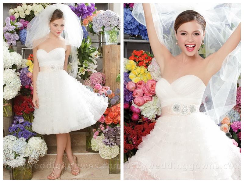 Wedding - Ivory Tulle Cute Strapless Knee Length Wedding Dress With Draped Bodice