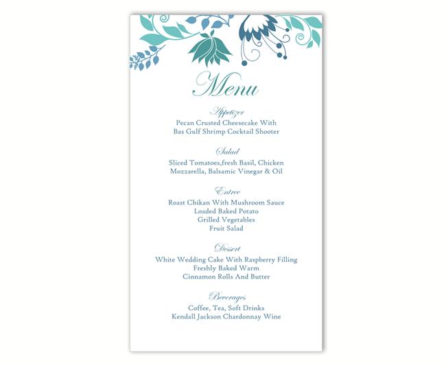 Wedding - Wedding Menu Template DIY Menu Card Template Editable Text Word File Instant Download Blue Menu Floral Menu Template Printable Menu 4x7inch