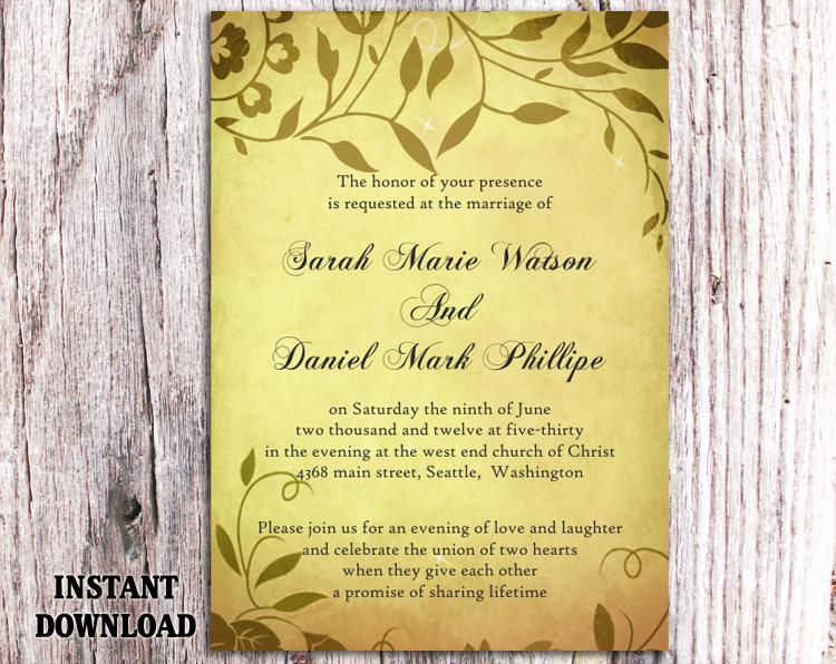Mariage - DIY Rustic Wedding Invitation Template Editable Word File Download Printable Invitation Yellow Gold Invitation Leaf Wedding Invitation