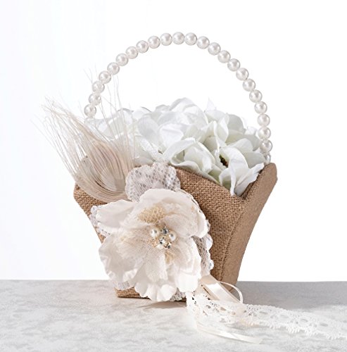 زفاف - Lillian Rose Burlap and Lace Flower Basket, 7.5-Inch