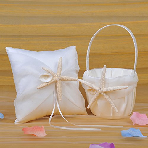 Hochzeit - 2-piece Set of Organza Wrapped Satin Flower Girl Basket and Ring Bearer Pillow with Starfish
