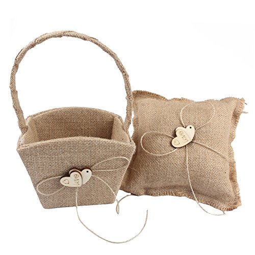 Wedding - Natural Burlap 2 in 1 Double Wooden Heart Design with Bow knot