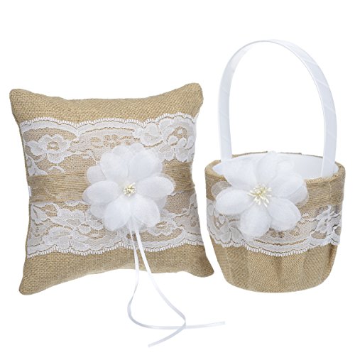 Wedding - Burlup Wedding Flower Girl Basket And Ring Bearer Pillow With White Lace And Silk Flower