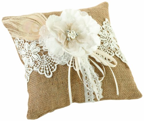 زفاف - Burlap and Lace Ring Pillow, 8-Inch
