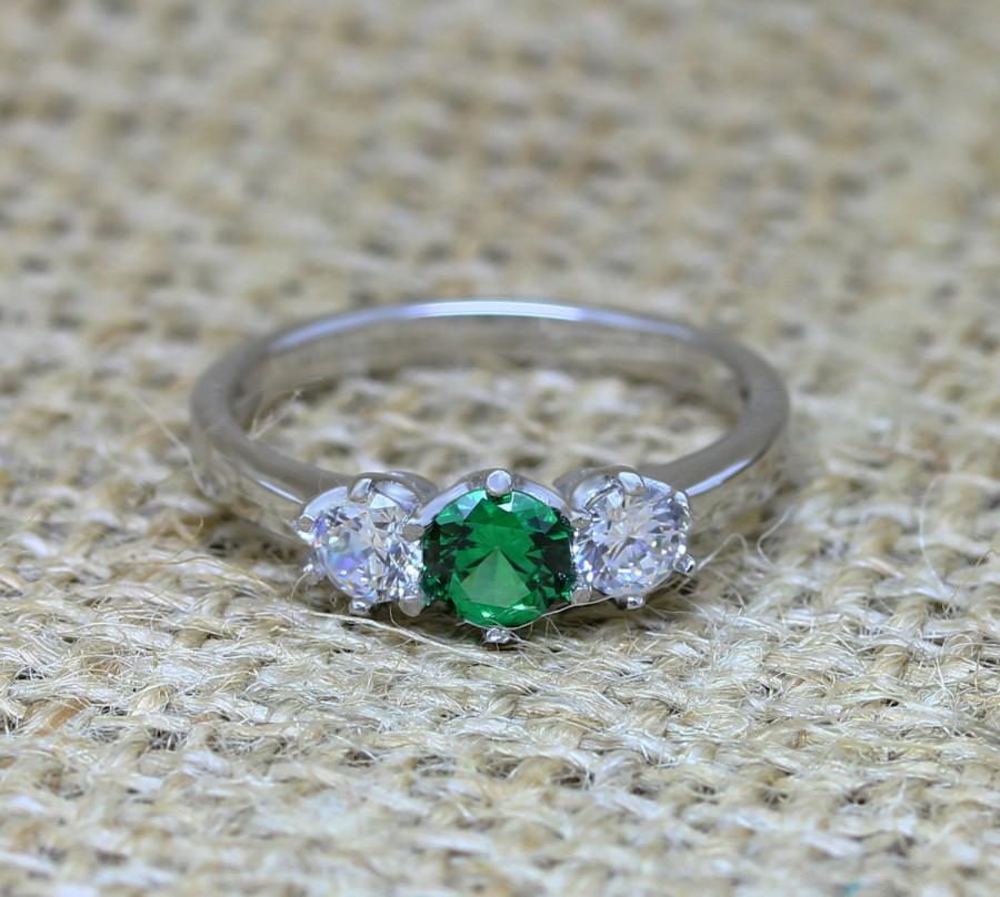 Hochzeit - Genuine Emerald and Lab Diamond Vintage style 3 stone trilogy ring - engagement ring - wedding ring