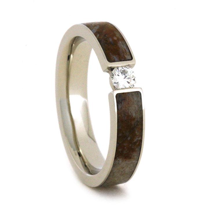 زفاف - 14k White Gold Ring With Dinosaur Bone Inlay and a Diamond in a Tension Setting, Great Alternative Engagement Ring