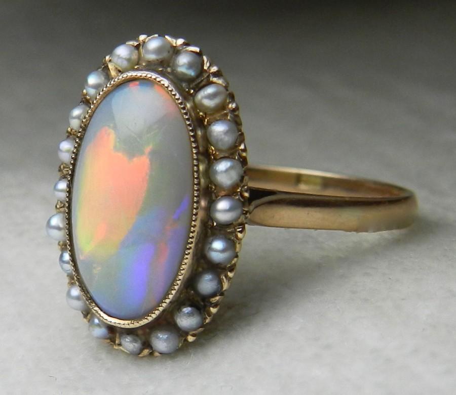 Wedding - Antique Opal Engagement Ring 14K 1800s Victorian Opal Seed Pearl Ring 1800s  Antique 14K Ring October Birthday