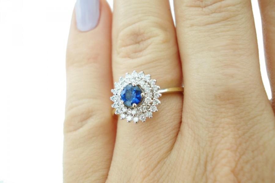 Wedding - Sapphire Engagement Ring, Unique Ring, Sapphire and Diamond Ring, Gifts for Her, Vintage Sapphire Ring, Wedding Band, Fast Free Shipping