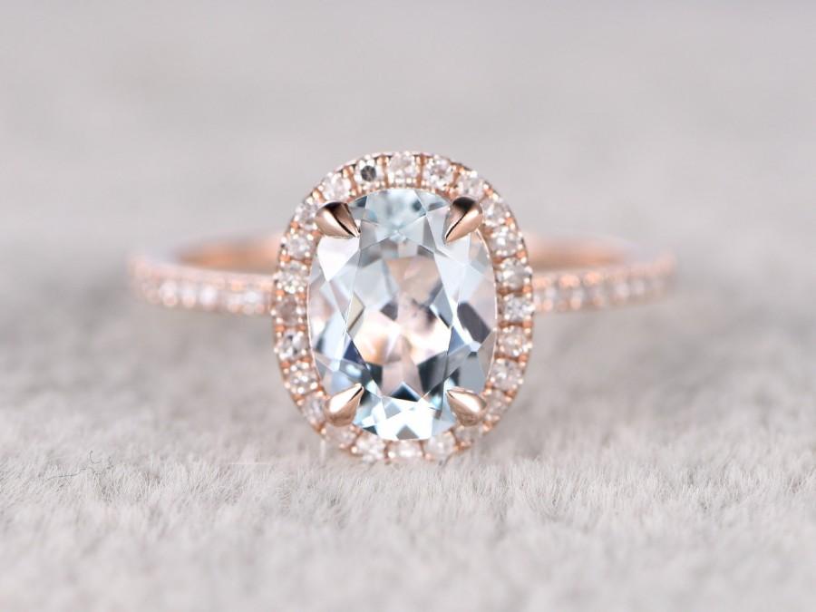 Mariage - Natural Blue Aquamarine Ring! Engagement ring Rose gold with Diamond,Bridal ring,14k,6x8mm Oval Cut,Blue Stone Gemstone Promise Ring,Halo