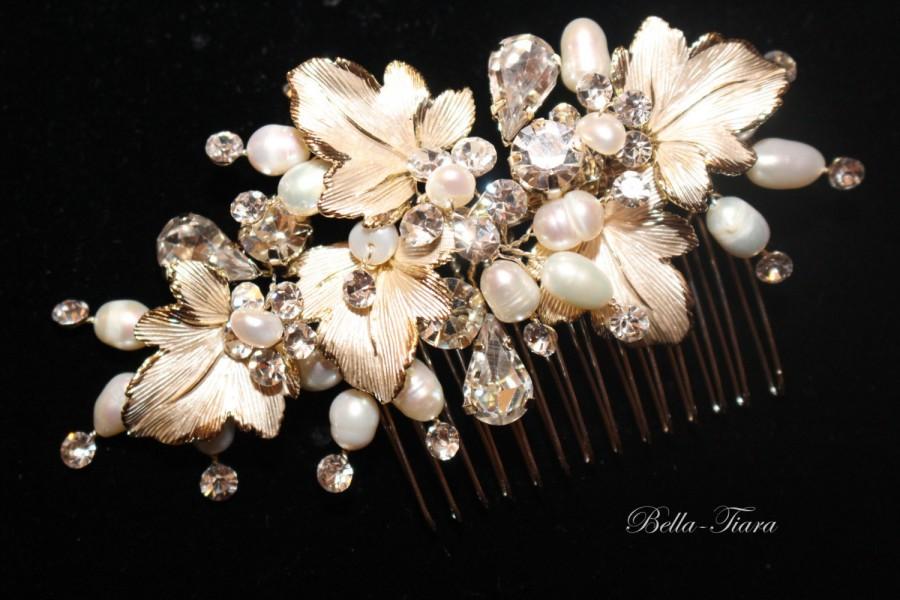 Hochzeit - gold champagne bridal hair comb, wedding crystal hair comb,  champagne wedding ivory comb, gold wedding hair accessory, bridal comb