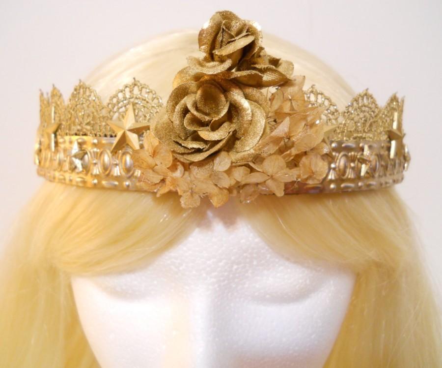 زفاف - Gold Crown, with Golden Roses, Silver Stars, Rose, Flower, Tiara, Filigree Lace for Queen or Princess, Game of Thrones, Burning Man, Reign