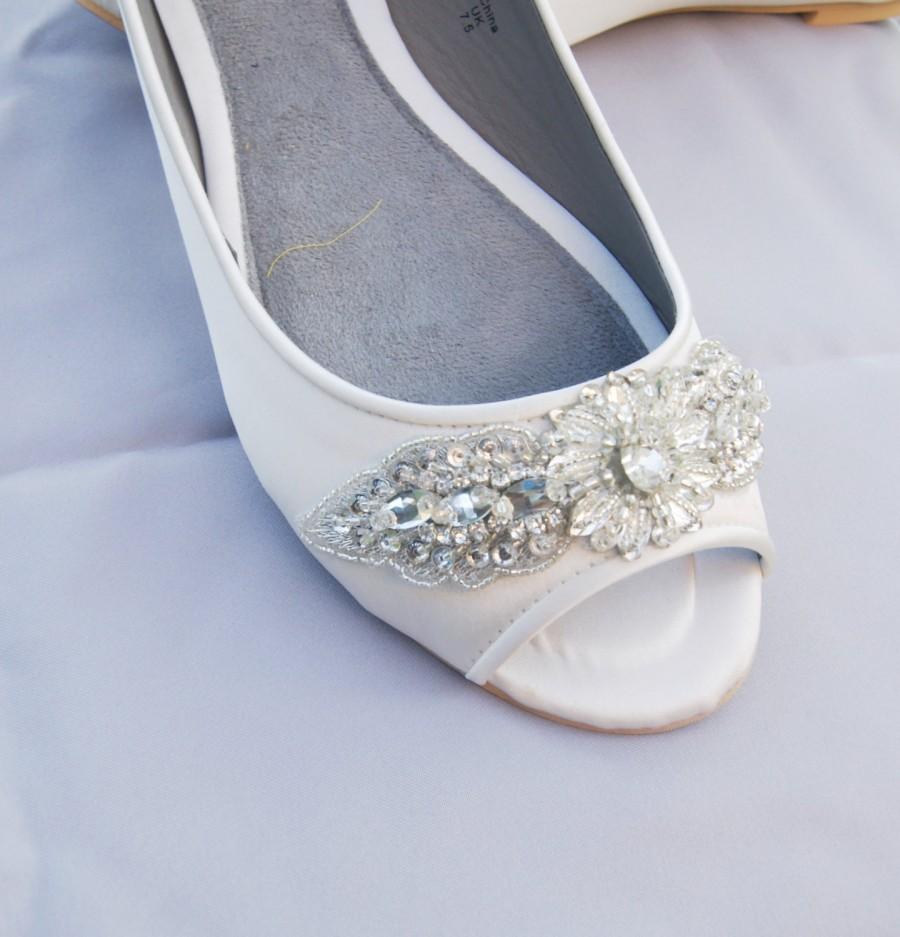 زفاف - ivory or white bridal peep toe flat adorned with high couture handmade crystal trim - MARLIE