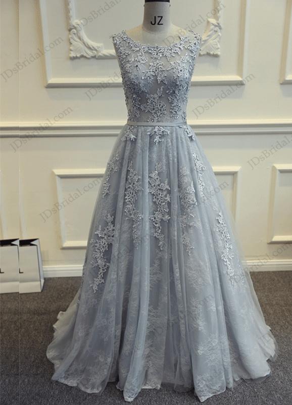 Wedding - PD16021 Sexy deep v back gray lace long prom evening dress