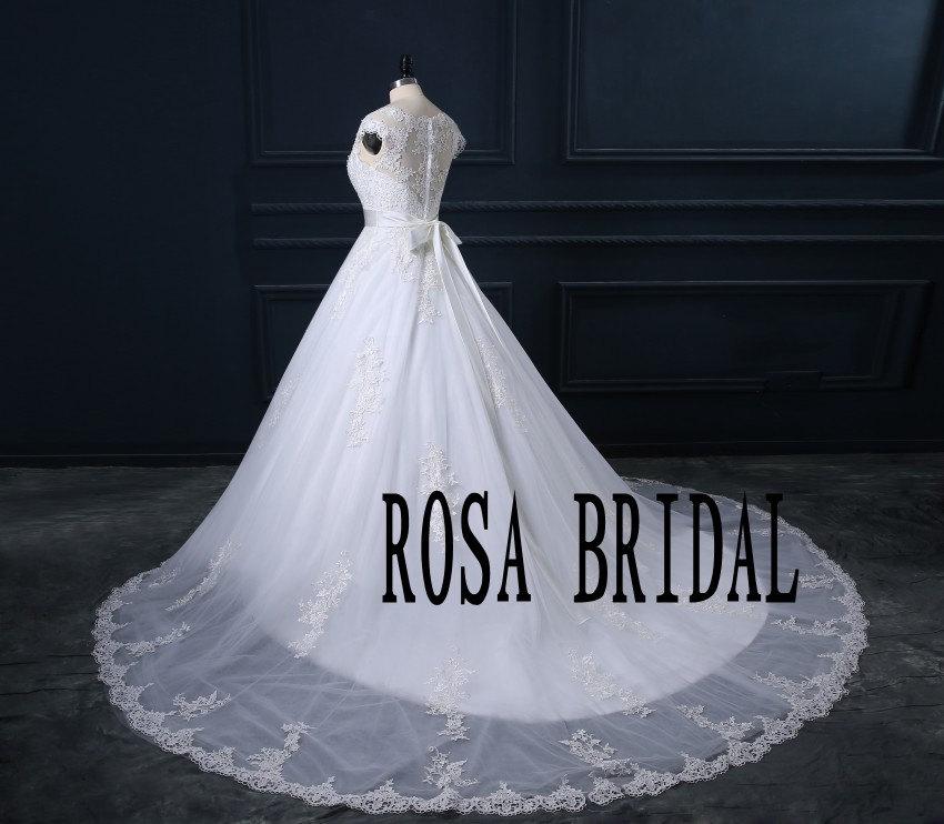 Свадьба - Cathedral Handmade Lace Appliqued Wedding Dress, Long Train Ivory Wedding Bridal Dress with Rhinestone and Pearl Beaded Belt custom size