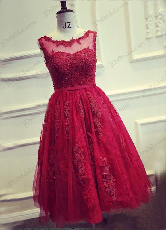 Wedding - PD16022 Beautiful red burgundy tea length lace sheer back prom party dress