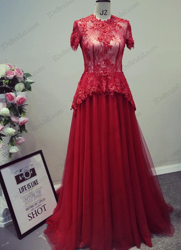 زفاف - PD16023 Elegant burgundy high neck short sleeves peplum long prom gown