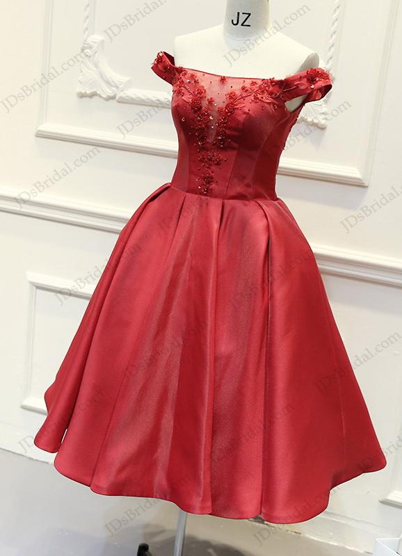 زفاف - PD16024 Lovely red colored off shoulder tea length school party prom dress