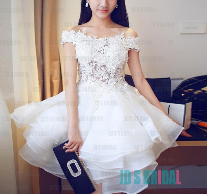 زفاف - JW16196 sexy illusion lace sheer back short white wedding party dress