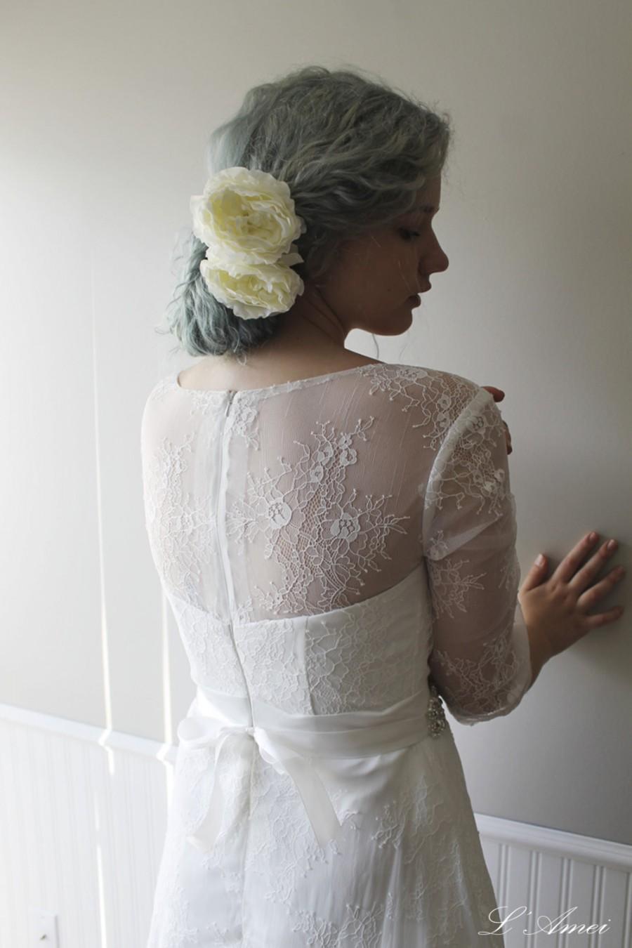 زفاف - Romantic Design Fitted Waist Soft Lace Wedding Bridal Gown with  Long Sleeves - Custom Made