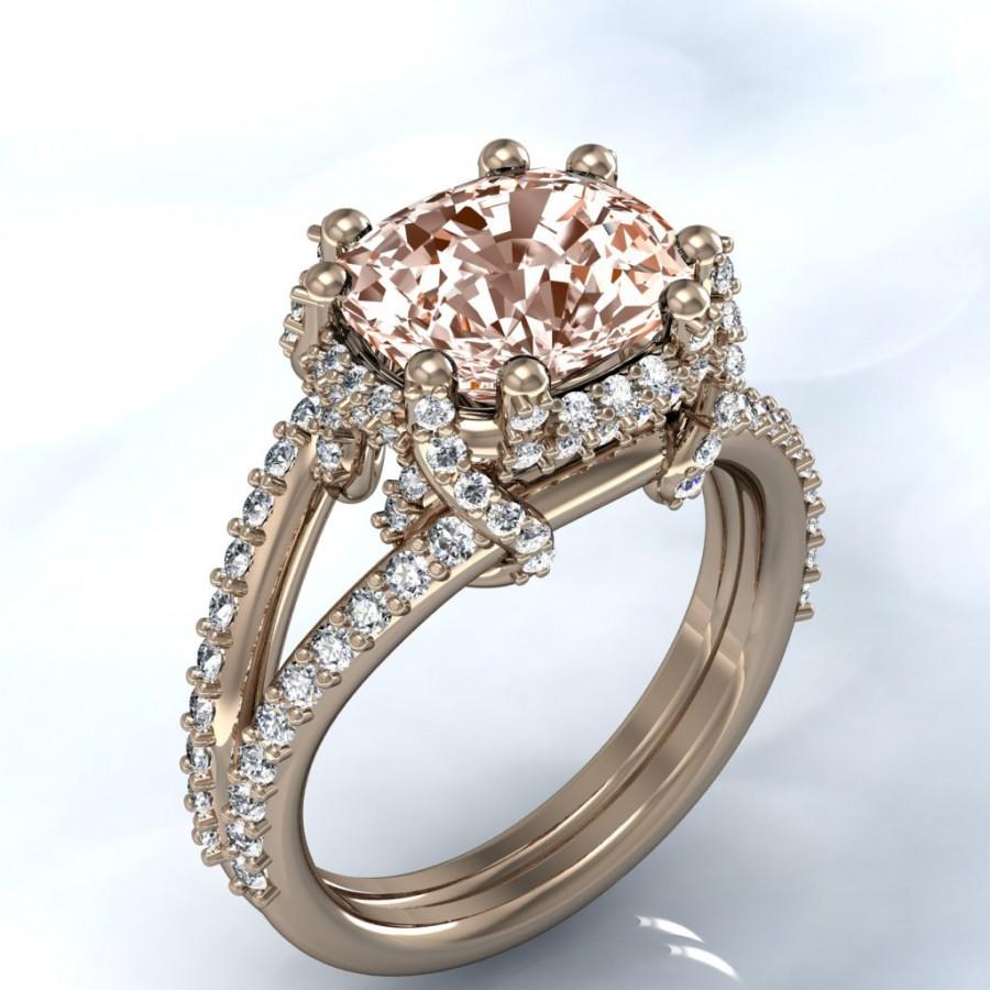 Wedding - Unique Rose Gold Cushion Morganite and Diamond Halo Engagement Ring (available in white gold, yellow gold and platinum)